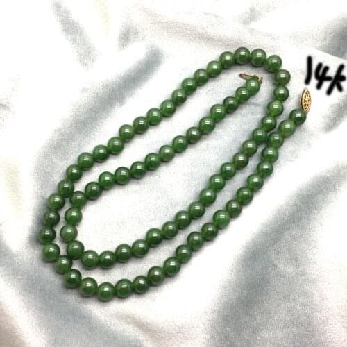 Charms Green Jades Chain Necklace Natural Stone Round Beads Women Payer Necklaces 14K