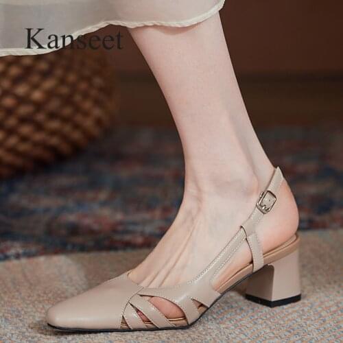 Kanseet 2021 Summer New Women Sandals Hollow Out Genuine Leather Concise Thick Heels Footwear Square Toe Apricot Mid Heels Shoes