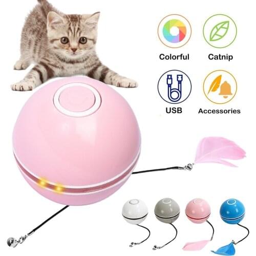 Smart Cat Interactive Toy Colorful LED Self Rotating Ball With Catnip Bell and Feather Toys USB Rechargeable Cat Kitten Ball Toy