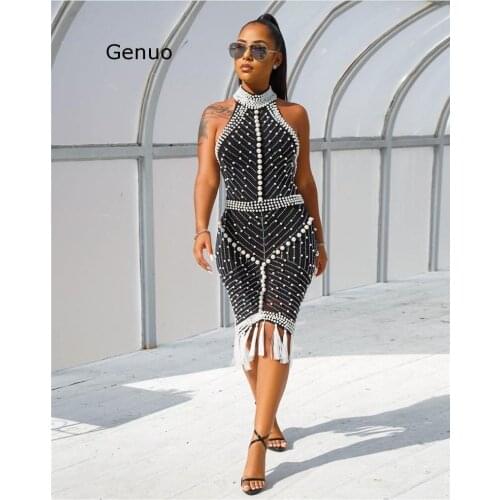 Top Design Sexy Embroidered Flares Elegant Dress Women Backless Tassel Sleeveless Party Sexy Club Dress Lady Vestido Femme