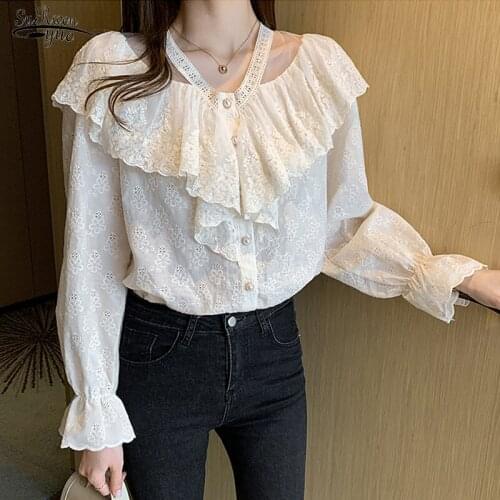 Autumn New 2021 Hollow Embroidery Loose Top Korean Women Blouse New V Neck Mesh Stitching Ruffled Flare Long Sleeve Shirt 13978