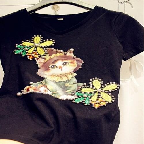 Plus size 7XL!Heavy industry Summer beaded cat sequined t-shirt women cotton stretch all-match top tees