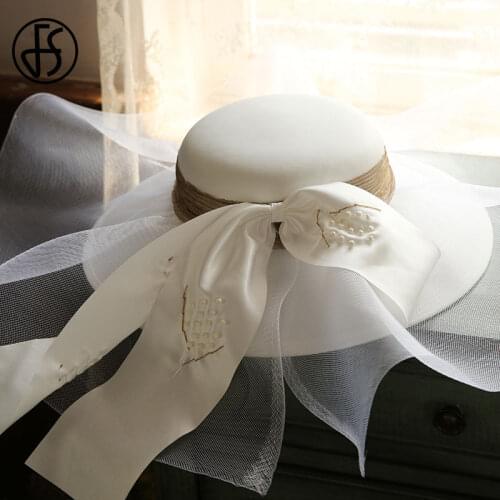 FS Fashion White Hat Women Fedora Hats Wedding Party Cocktail Ladies Wide Brim Church Hats Kentucky Derby Holiday Hat