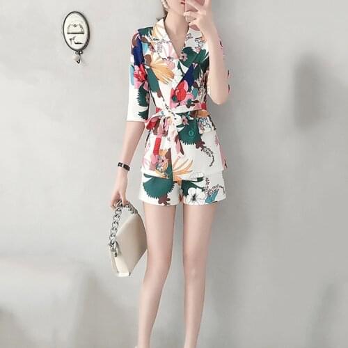 2020 Summer Women Elegant Floral Print Bow Sashes Slim Shirt+High Waist Loose Pant 2 Pcs Short Pant Set Lady OL Casual Suits Y84
