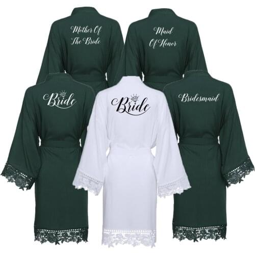 Owiter Rayon Green Solid Cotton Kimono Robes with Lace Trim Women Wedding Bridal Robe Short Belt Bathrobe Sleepwear White