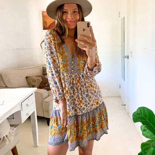 Super Chic boho vintage bohemian dress for women V-neck ruffle mini dress women loose tunic summer dress rayon cute floral dress