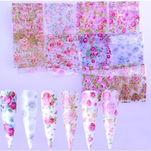 10pcs Colorful Flowers Stickers On Nails Foil Transfer Starry Sky Summer Sliders For Manicure Nail Art Decals Decoration
