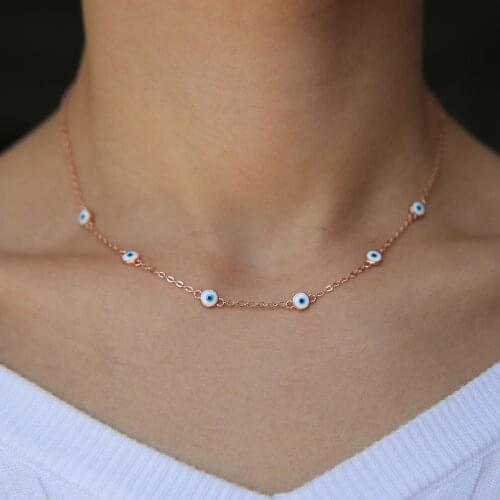 2019 factory direct trendy rose gold necklace for women girls dainty girly necklace paved blue evil eye charm turkish jewelry
