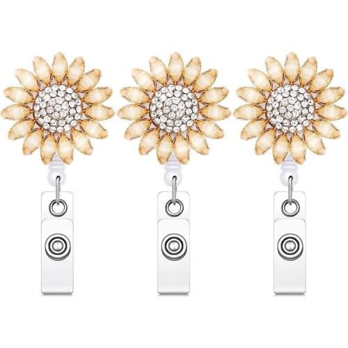 3Pcs Flower Retractable Name Card Badge Holder with Alligator Clip Rhinestone Retractable Badge Reel ID Badge Reel Clip