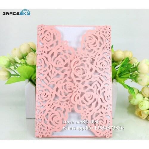 50pcs free shipping Laser cut European style Rose flowers paper Wedding Party invitation cards with inner page