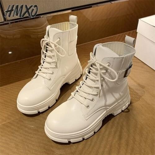 HMXO Martin Boots British Style Handsome Women Boots Autumn Fashion Boots Women Belt Buckle Locomotive Casual Women Leather Boot