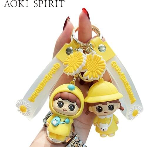 Creative Cute Sunflower Girls Keychain Cartoon Girl Wearing a Hat and Raincoat 3D Pendant Keyring Phone Backpack Car Accessories
