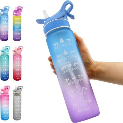 1L Spray Straw Space Cup With Bounce Cover Time Scale Reminder Frosted Leakproof Cup For Outdoor Sports Bottle Fitness
