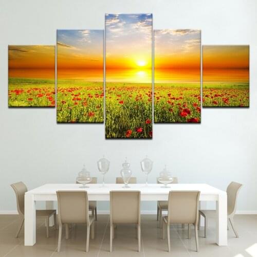 Living room Home Decor Wall Art Sunset landscape Prints Pictures 5 Pieces Red Flowers Sea Scenery Modular Canvas Painting Poster