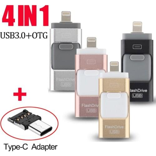 4 in 1 Flash Drive for iPhone & ipad & Android Phones Type C Device 128GB 64GB 32GB 16GB USB C Photo Stick USB 3.0 Pen Drive OTG
