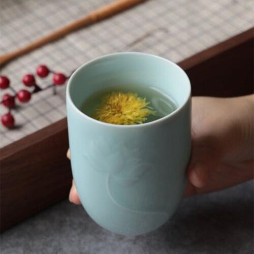 Chinese Teacup Flat Cup Microwave and Dishwasher Safe 6.7oz Ceramic Coffee Mug Engraved Lotus Porcelain Drinkware Glaze Pottery