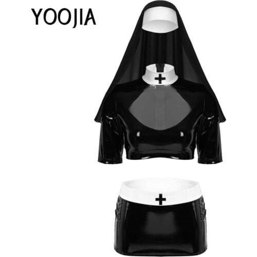 Women Adults Nun Cosplay Costume Halloween Roleplay Outfit Clubwear Half Sleeves Crop Top with Mini Bodycon Skirt and Headpiece