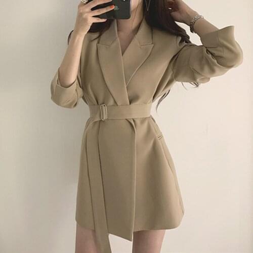 Suit V-neck Dress Med Length Vintage Belt Korean Version Casual Temperament Coat Woman Warm Outwear Dress Elegant Office Ladies