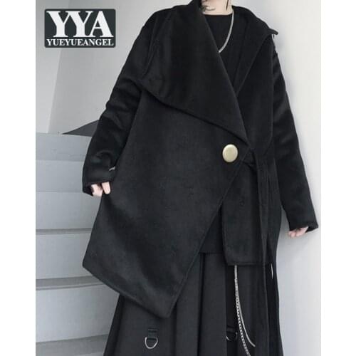 Gothic Mens Loose Fit Black Outwear Coat Harajuku Belted Lace Up Irregular Cloak Jacket Designer Botton Lapel Collar Midi Jacket