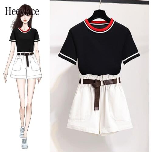 Summer woman 2 pieces shorts sets Sweet Korean striped patchwork knitting tops and shorts 2 pieces sets women clothing outfits