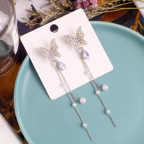 Minar Fashion Korean Shiny Purple Butterfly Rhinestone Drop Earrings for Women Elegant Pearl Tassel Pendientes Party Jewelry