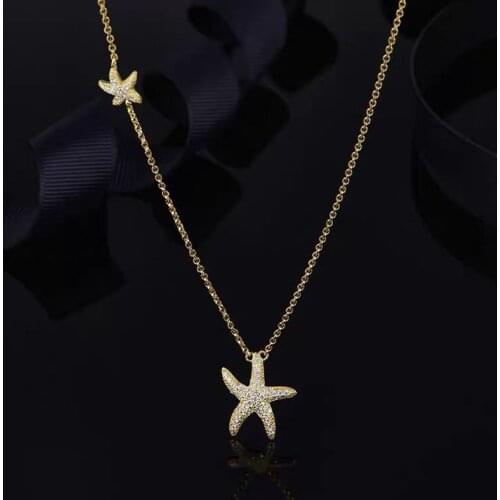 Brand 1:1High Quality Yellow Gold Color Charm Star Zirconia Starfish Pendant Necklace Women Fashion Jewelry