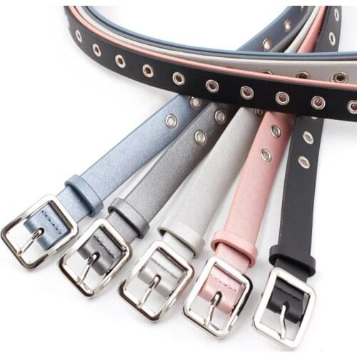 2020 New Womens Silver Square Buckle Belt Fine Flash Thin Light Whole Hole Student Fashion Trousers Belt PU Leather Easy Belt