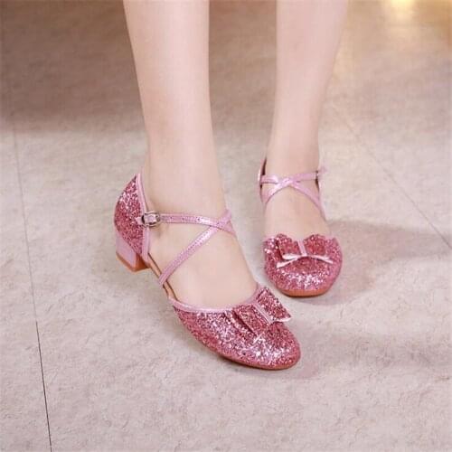 Childrens shoes Princess sequins high heels girls dance shoes Female student fur bottom single shoes 4CM size 24-40