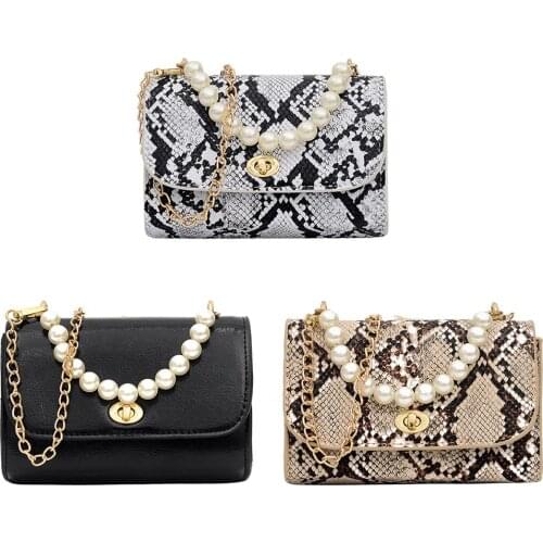 Pearls Decor Snake Print Shoulder Handbags PU Leather Women Chain Crossbody Bags for Decorating Shopping Traveling