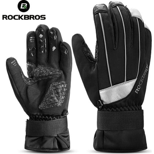 ROCKBROS Winter Cycling Gloves Waterproof Touch Screen Bicycle Bike Gloves Anti-slip Warm Fleece Reflective Cycling Ski Gloves