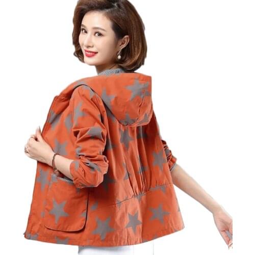 Women Windbreaker 2021 Spring Fall Double Layer Women Jacket Large Size Loose Printed Hooded Coat Mothers Outwear Lined 4XL Q12