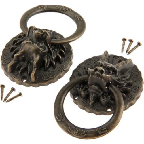 2pcs vintage Dragon Head Knobs 32*47mm Ring Handles Cabinet Round Pulls Antique Bronze Drawer Cabinet Kitchen Old Chinese style