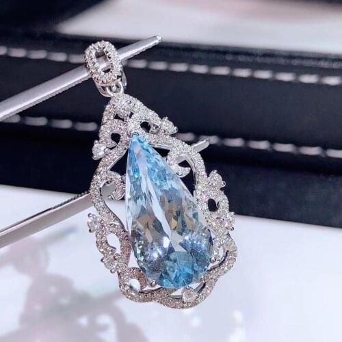 H715 Fine Jewelry 8K White Gold AU750 Natural Blue Aquamarine 5.93ct Gemstones Diamonds Ladys Pendants for Women Fine Necklace