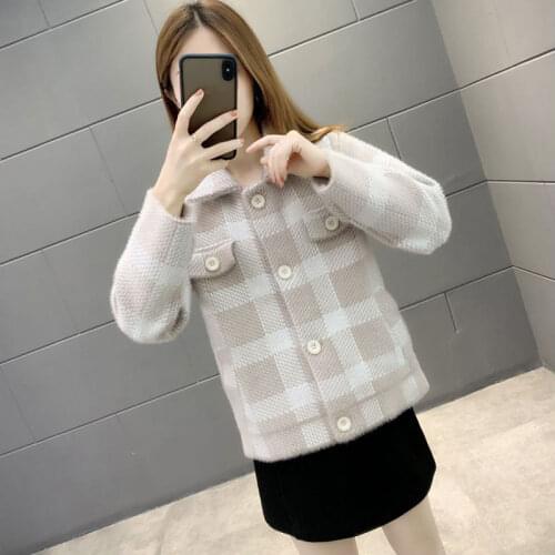 Plaid jacket women spring and autumn new imitation mink jacket women foreign style knitted cardigan sweater western style top