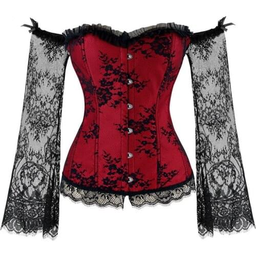 Palace Ladies Overbust Corset Tops Lace Long Sleeve Flat Shoulder Sexy Prom Shapewear S-6XL