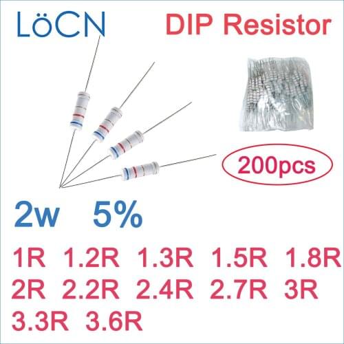 200pcs 5% 2W Carbon Film Resistor DIP 1R 1.2R 1.3R 1.5R 1.8R 2R 2.2R 2.4R 2.7R 3R 3.3R 3.6R OHM Color ring