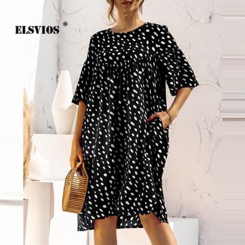 2021 Fashion Spring Summer Women O Neck Pokal Dot Print Dress Casual Half Sleeves Loose Pocket Elegant Beach Pullover Mid Dress