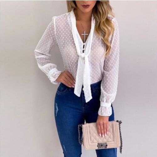 2021 Fashion Elegant Women Chiffon Blouses Long Sleeve V-neck Shirt Office Blouse Slim Casual Tops Female Polka Dot Top