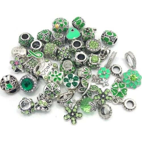 Free shipping new 40pcs mix style green color rhinestone and oil-drip charms beads fit European bracelet DIY