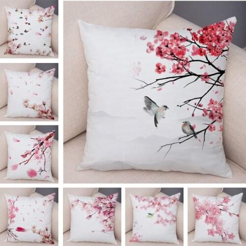 Pink Peach Blossom Cushion Cover Decor Watercolor Cartoon Plant Tree Pillow Case for Sofa Home Car Soft Plush Pillowcase 45x45cm