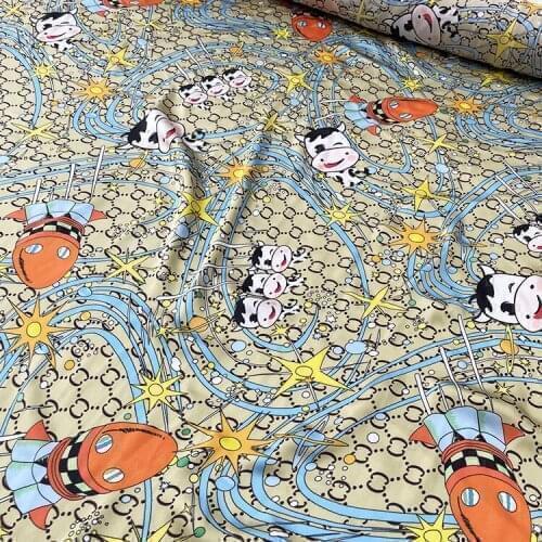 Italian Big Brand Logo Cow DIY Printing Short-Sleeved shirt dress fabric 100% polyester silk satin per meter sewing material