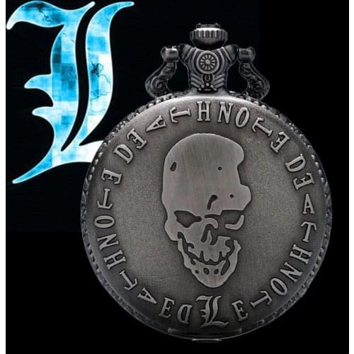Retro Death Note Theme Pocket Watches with Necklace Chain Cool Skull Fob Watch Clcok Cosplay Gifts for Boys Children Kids Men