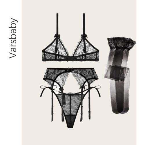 Varsbaby Womens Sexy Bra Set Plus Size Wire Free Bra Panties Set G-string Garter Belt Sexy Lingerie Set S-2XL