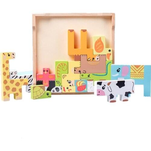 Colorful Animals 3D puzzle wooden tangram math toys Tetris game childrens intellectual educational toys for preschoolers