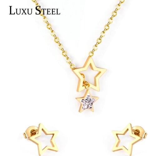 LUXUSTEE CZ Double Star Necklace Earring Sets Wedding New Trendy Style Gold Silver Color Wedding Necklace Pendants Wholesale