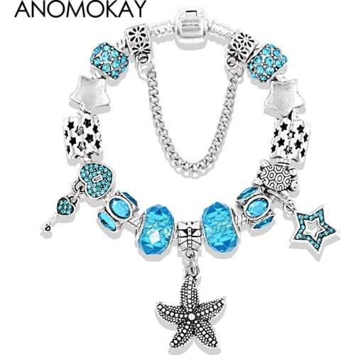 Fashion Starfish Heart Key Murano Charm Bracelets & Bangles Blue Crystal Ocean Bead Bracelet Dropshipping Jewelry Gift