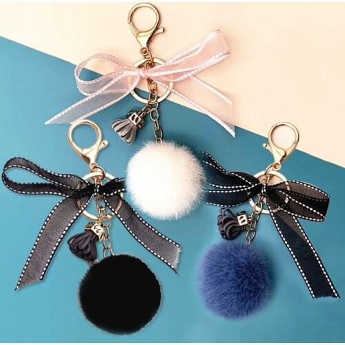 Fashion Women Bowknot Ribbon Faux Fur Ball Keychain Cute Fluffy Pompom Keyring Car Key Chain Backpack Bag Pendant Accessories