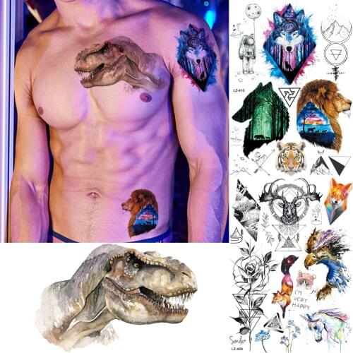 Muscle Men Cool Temporary Tattoo Stickers Jurassic Dinosaur Galaxy Wolf Fake Tatoos Women Sexy Body Art Waterproof Tattoo Dragon