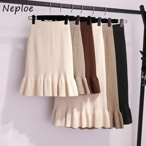 Neploe Ruffled Slim Hip Fishtail Knitted Skirts Women Solid Mid-length Autumn Winter New Faldas Mujer Moda 2021 Female Skirt
