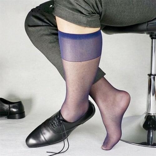 12 Pcs=6 Pairs Ultra-thin knee high sexy silk solid color dress sexy mens socks mens crew stockings